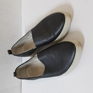 Ecco Black Leather Slip-On Flats with White Sole